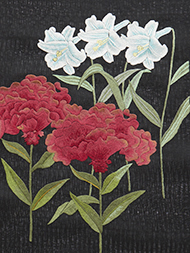 鶏頭と白百合刺繍夏名古屋帯地 おび弘製