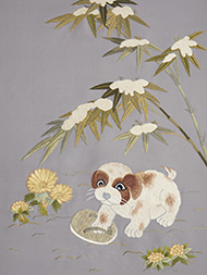 雪持笹に仔犬刺繍名古屋帯地 おび弘製