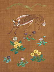 山辺にキツネと草花刺繍名古屋帯地 おび弘製
