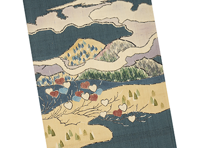 名古屋帯 風景 山 樹木 湖 茶色 お洒落 NO-1420 名古屋帯 風景 山 樹木 湖 茶色 お洒落 NO-1420