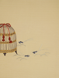虫かごに鈴虫の図刺繍絽開名古屋帯