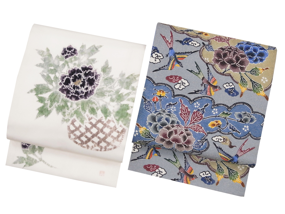 辻が花染 牡丹の花図塩瀬開名古屋帯 日本工芸会正会員 市瀬史朗作、紅型染全通袋帯