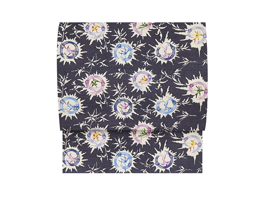 本場琉球びんがた 知念冬馬 落款入 紅型 九寸名古屋帯 変わり市松 紬地 正絹 本場琉球びんがた 知念冬馬 落款入 紅型 九寸名古屋帯 変わり市松 紬地