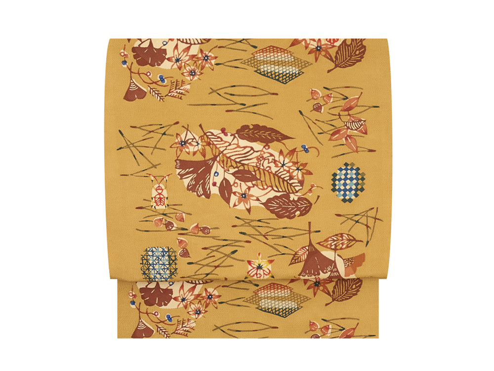 特選 国画会 立花長子 型絵染 縮緬 蝶の図 名古屋帯 A622-14 【】