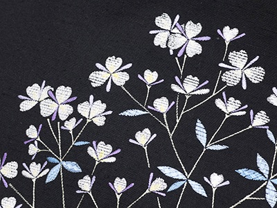 ムラサキツユクサ花手刺繍紬名古屋帯 日本工芸会正会員 森康次作 
