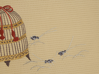 虫かごに鈴虫の図刺繍絽開名古屋帯(K20_6130wb) 帯紹介
