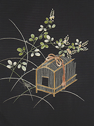 虫篭の図友禅に刺繍絽塩瀬名古屋帯