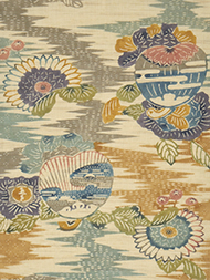 霞に草花模様型絵染麻名古屋帯