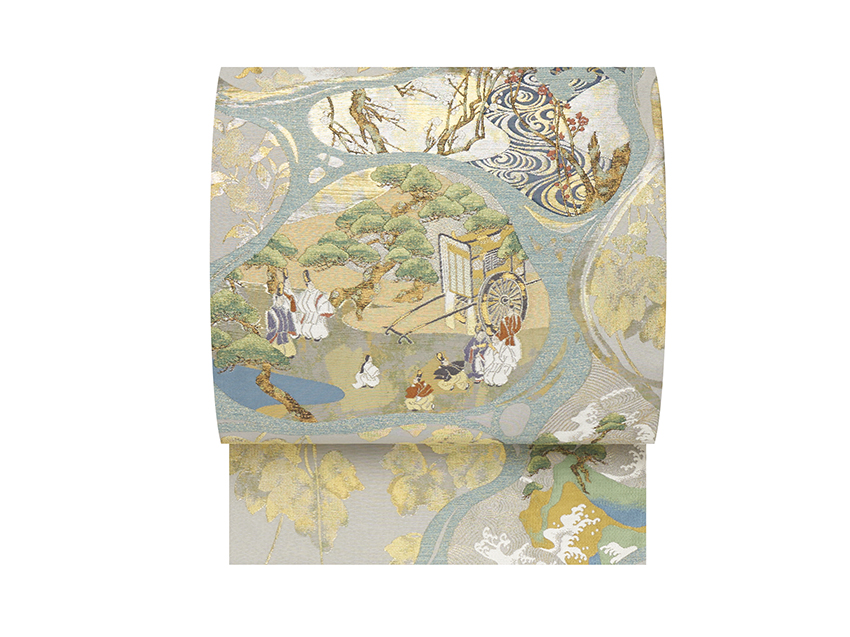 本極錦 水面に大和絵の図 プラチナ箔本袋帯 川島織物製(M82'660Ke
