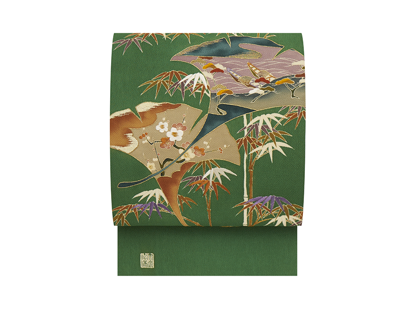 竹に銀杏の模様友禅開名古屋帯 東京染繍大彦製(b99440Ho) 特選きもの 